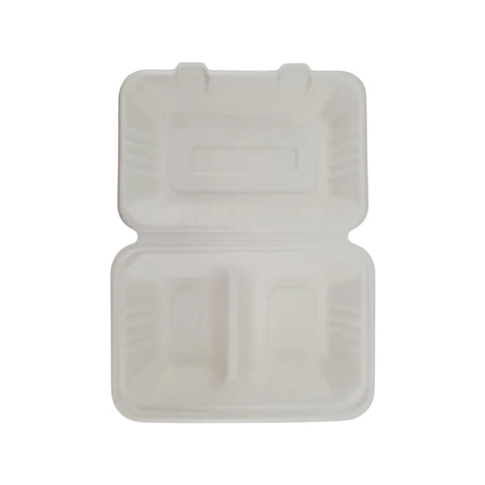 Bagasse Clamshell Container - 9”x6” - 2 Compartment