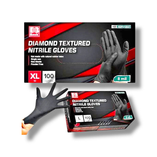 Intco Basic Black 8 Mil Nitrile Gloves With Diamond Textured - Powder Free - Case of 10 Boxes of 100 Gloves