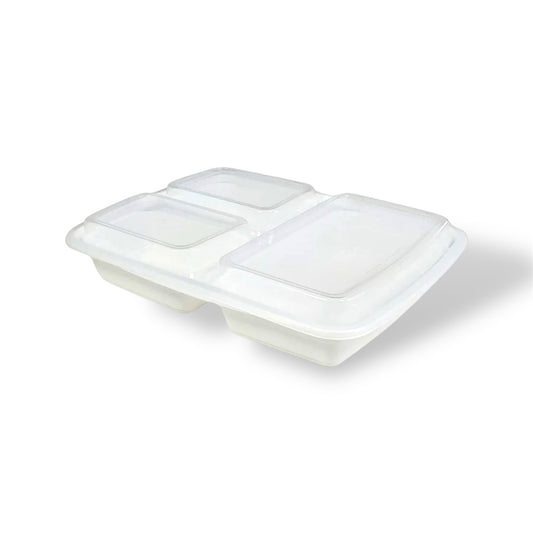 33 oz. White 3 Compartment Rectangle Plastic Container With Lids- Case of 150 ct.