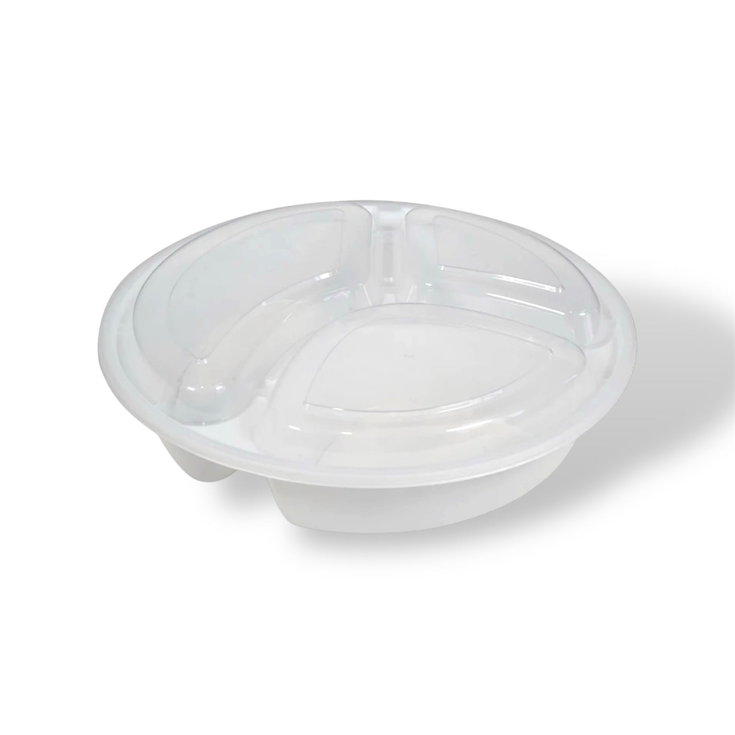 9” White 3 Compartments Round Plastic Container With Lids - Case of 150 ct.