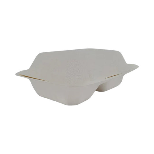 Bagasse Clamshell Container - 9”x6” - 2 Compartment