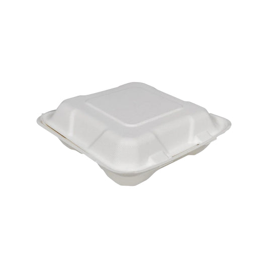 Bagasse Clamshell Container - 8”x8” - 3 Compartment