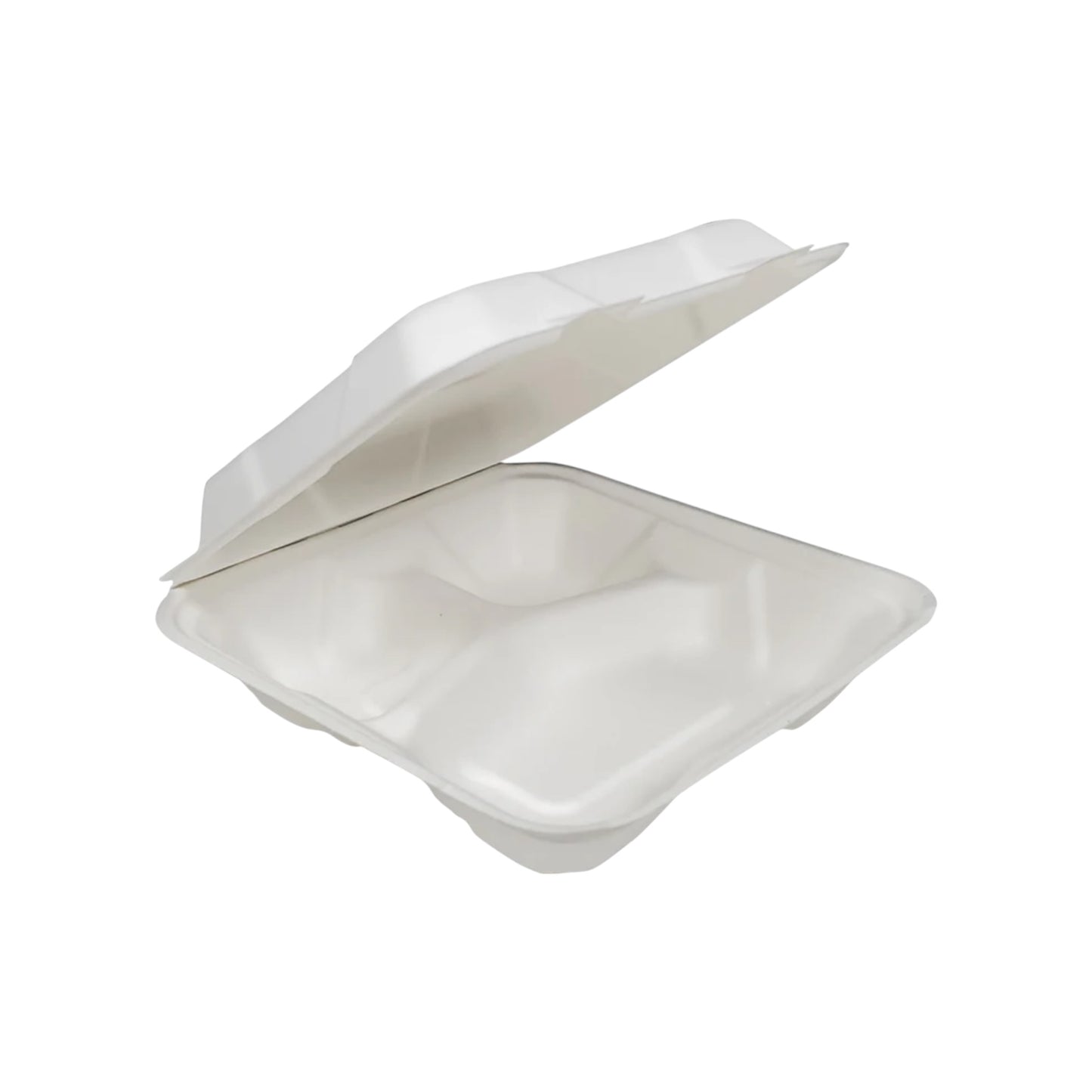 Bagasse Clamshell Container - 8”x8” - 3 Compartment