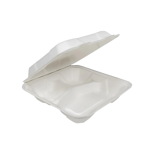 Bagasse Clamshell Container - 8”x8” - 3 Compartment